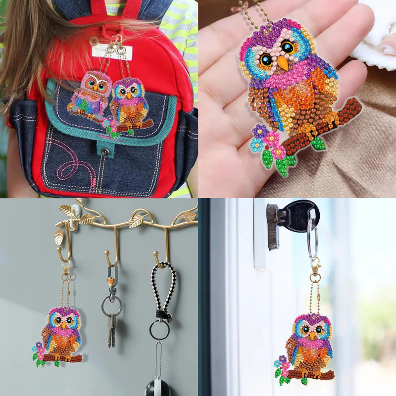 Diamond Painting Schlüsselanhänger - Colorful Owls - Image 3