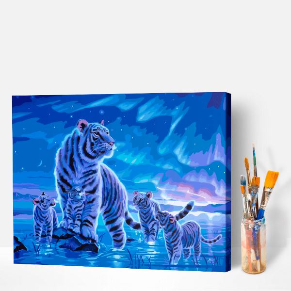 Malen nach Zahlen Set - Tigerfamilie im Polarlicht